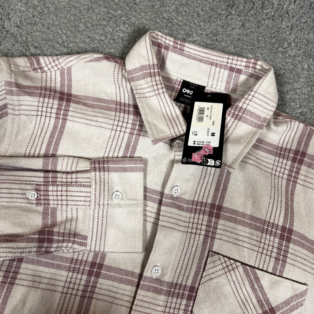 Oakley‎ Podium Plaid LS Flannel Mens Medium Beige Burgundy Regular Office NEW